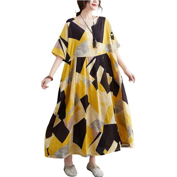 Women Plus Size Color Block Dress Geometric Print Casual Loose Fit - Picture 1 of 7